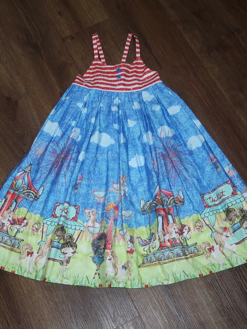 Girls Quinn's Closet July 4th Carnival Dress Handmade Boutique Red Blue Stars 10